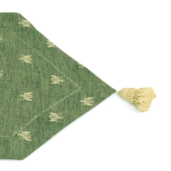 BUSATTI: Runner with tassels (60% Linen and 40% Cotton) GREEN with Bees (Reversible two tones)
