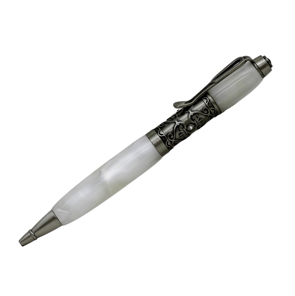 ART-PEN: Handcrafted Luxury Twist Rollerball Pen - Antique Pewter Deruta Vario design finish with MOTHER OF PEARL PEARL acrylic hand turned body - Artistica.com