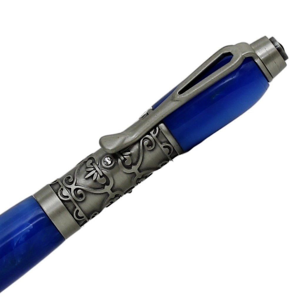 ART-PEN: Handcrafted Luxury Twist Rollerball Pen - Antique Pewter Deruta Vario design finish with SKY BLUE acrylic hand turned body - Artistica.com