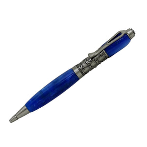 ART-PEN: Handcrafted Luxury Twist Rollerball Pen - Antique Pewter Deruta Vario design finish with SKY BLUE acrylic hand turned body - Artistica.com