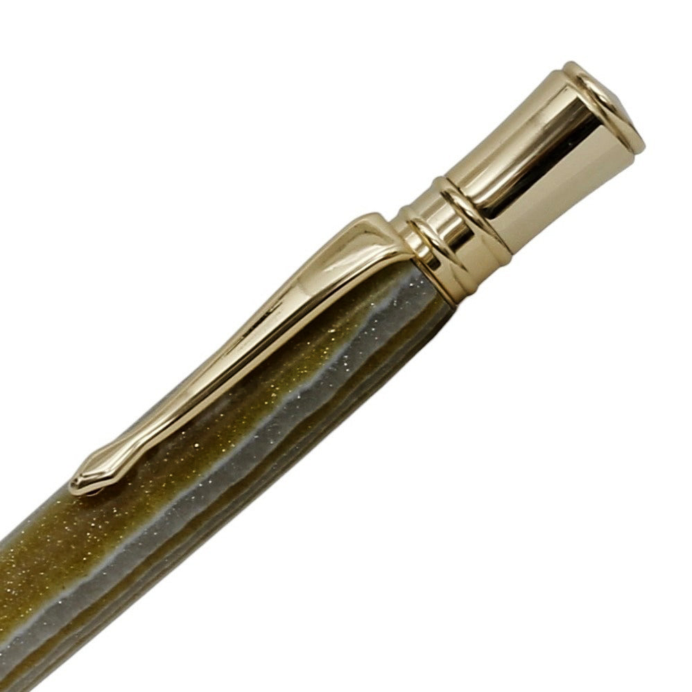ART-PEN: Handcrafted Luxury Twist Rollerball Pen - Gold with STARLIGHT OLIVE GREEN acrylic hand turned body - Artistica.com