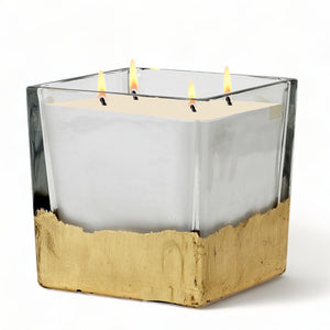 MONDIAL CANDLES: Clear glass with distressed gold base 4-wicks candle - Extra Large thick glass
