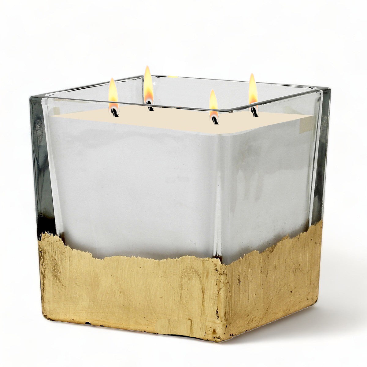 MONDIAL CANDLES: Clear glass with distressed gold painted base 4-wicks candle