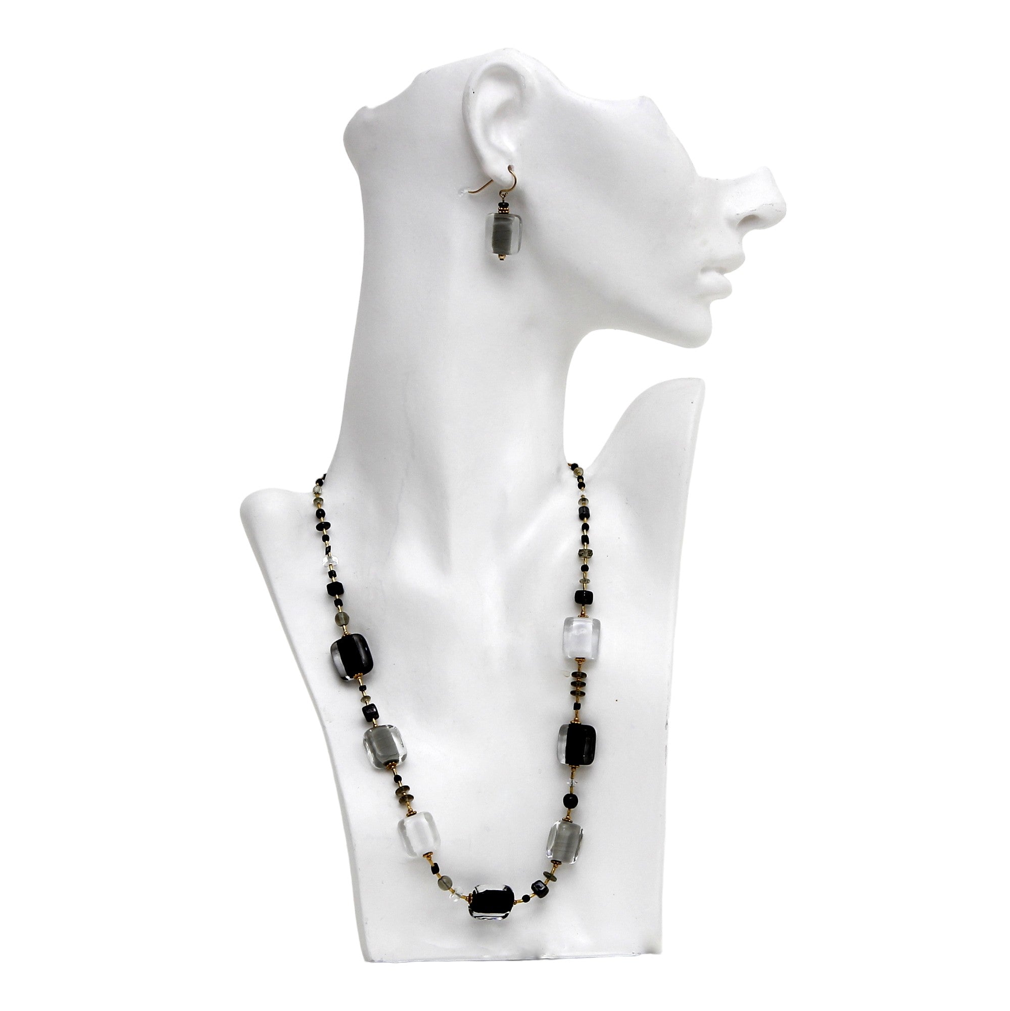 MURANO MURRINA: Hand Blown Murano Glass Necklace + Matching Earrings - Design Alice - Blacl-Gray-Clear