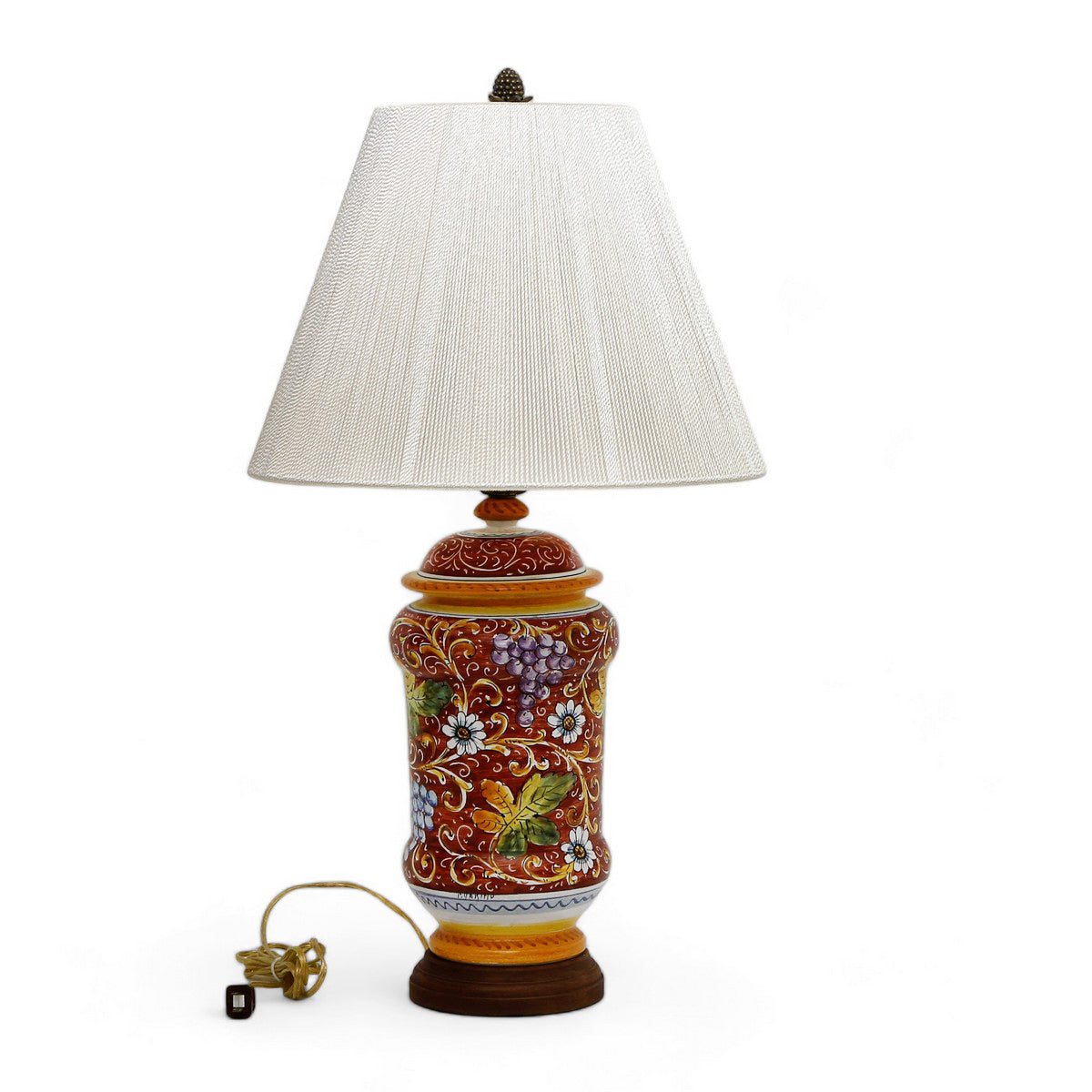 TUSCAN MAJOLICA: Hand Painted Ceramic Lamp with Off White Luxury Silk Shade
