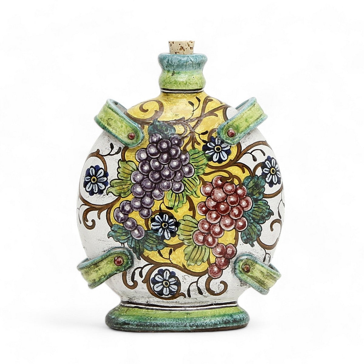 TUSCAN MAJOLICA: Old World Tuscan Flask with four handles and cork.