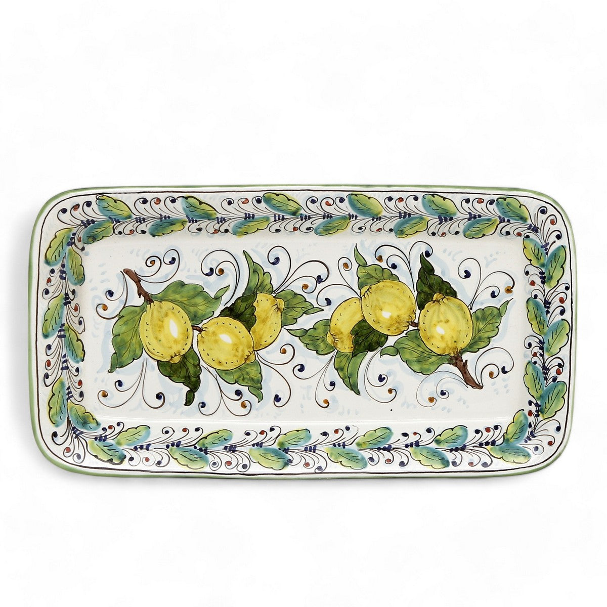 TUSCAN MAJOLICA: Rectangular Tray Platter with a Positano Lemon Design surrounded by green foliage.