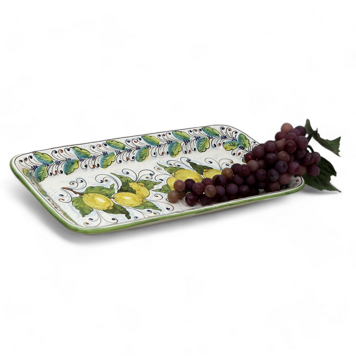 TUSCAN MAJOLICA: Rectangular Tray Platter with a Positano Lemon Design surrounded by green foliage.
