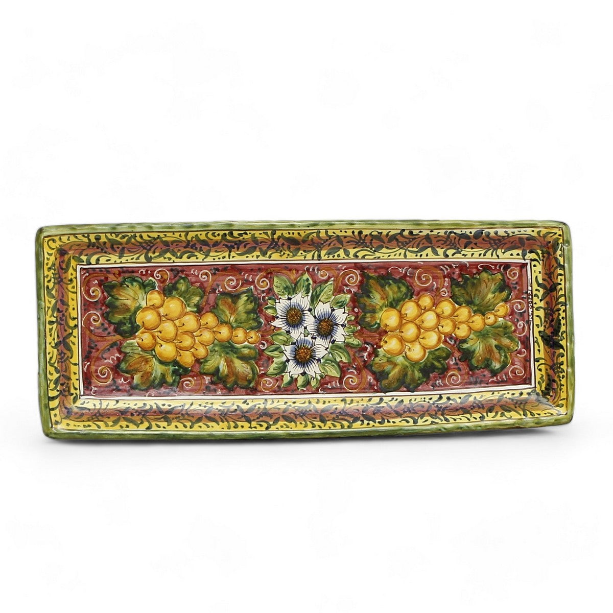 TUSCAN MAJOLICA: Rectangular Deluxe Tray Platter with grapes over a sophisticated Burgundy Red Background and rim.