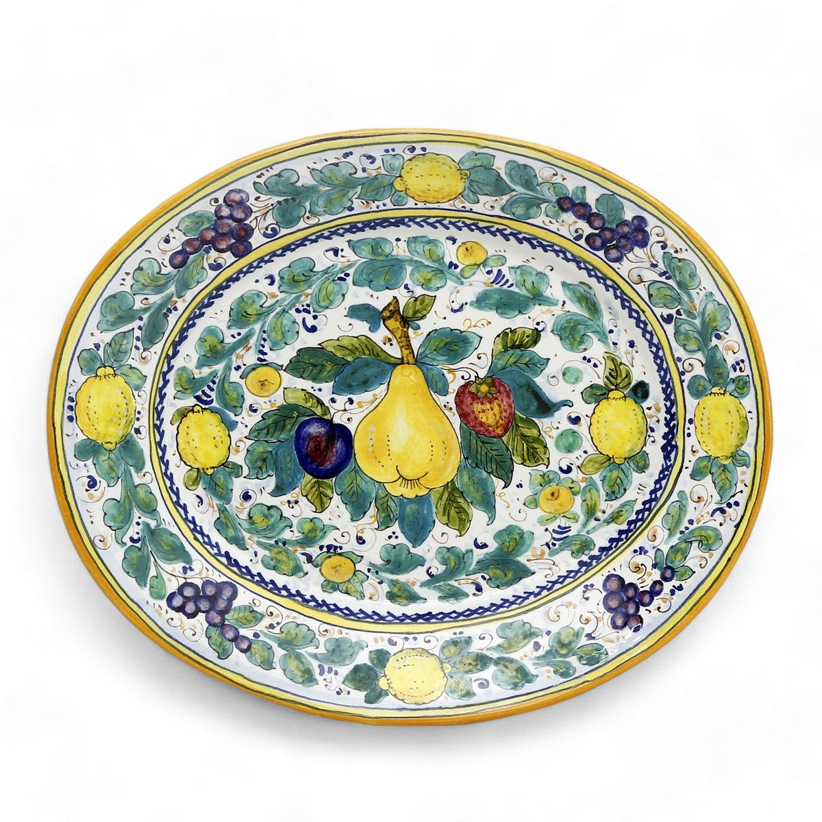 TUSCAN MAJOLICA: Large Oval Platter adorned with assorted fruits and Teal Green foliage