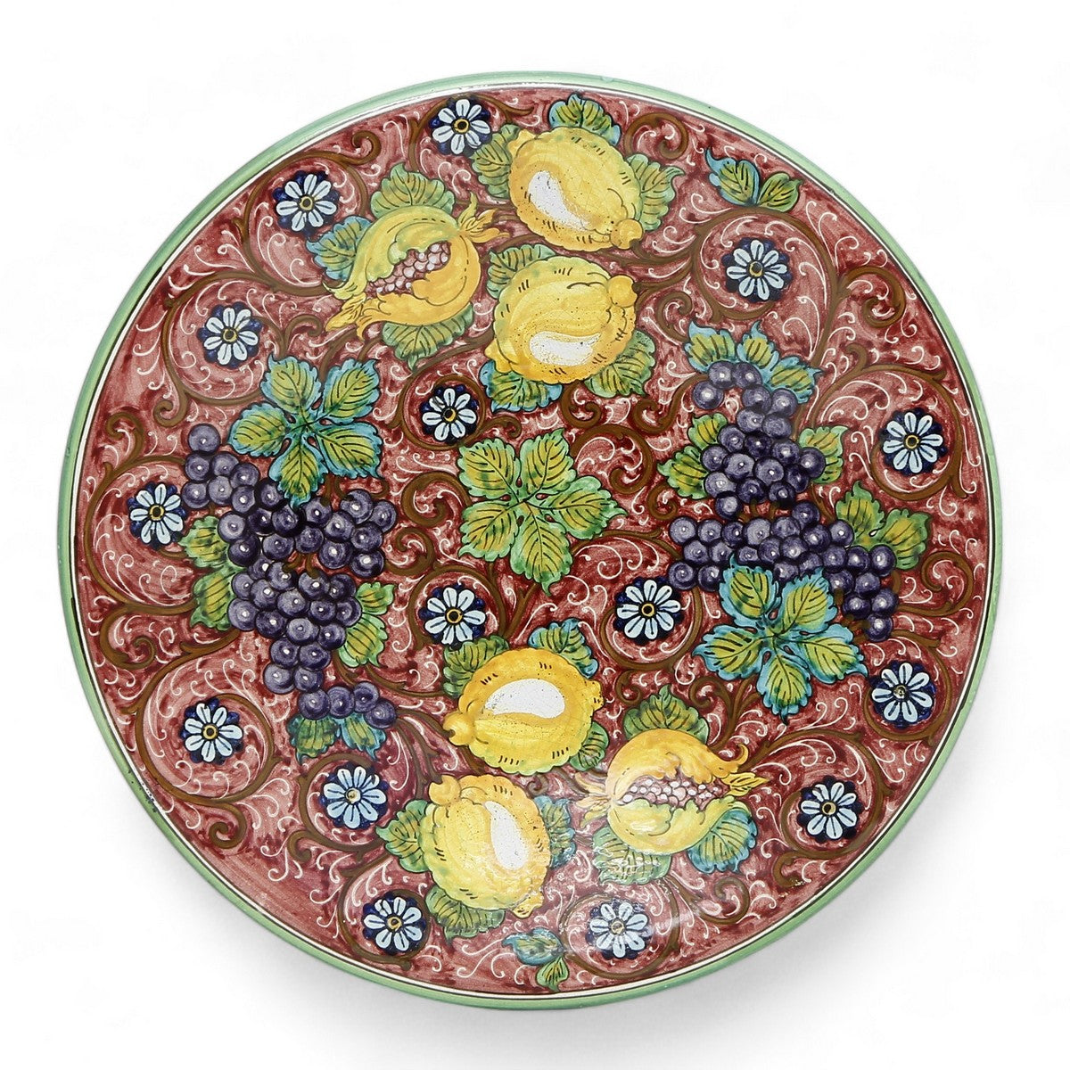TUSCAN MAJOLICA: Large wall plate featuring Grapes, Pomegranate and Lemons on a Red Rubino rich design.