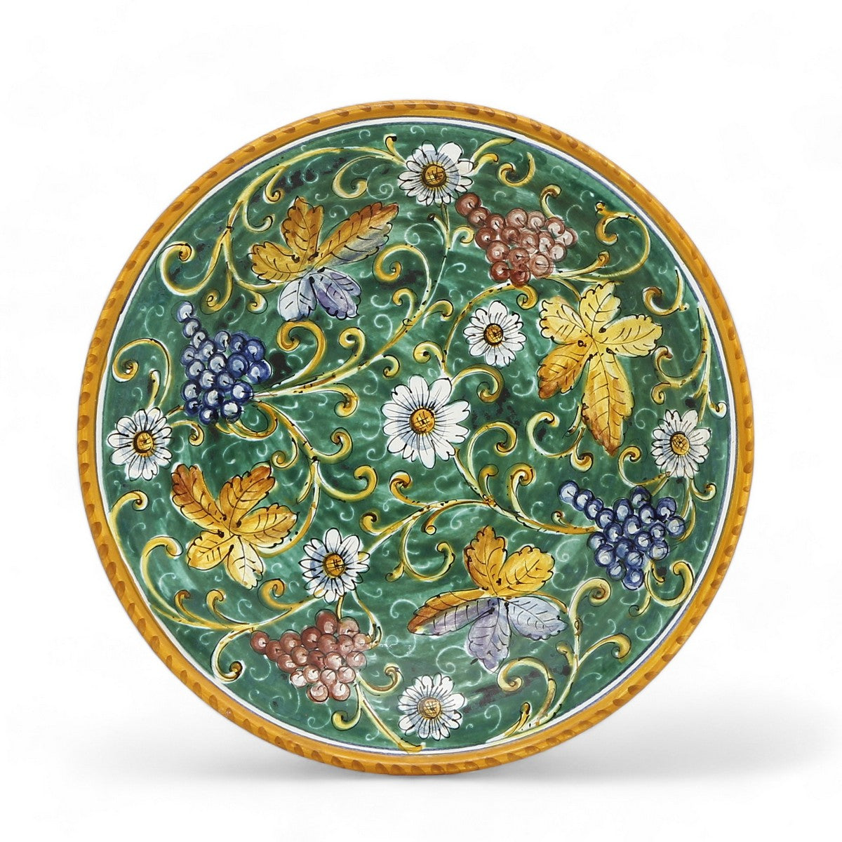 TUSCAN MAJOLICA: Medium wall plate featuring assorted fruits and foliage on a green background
