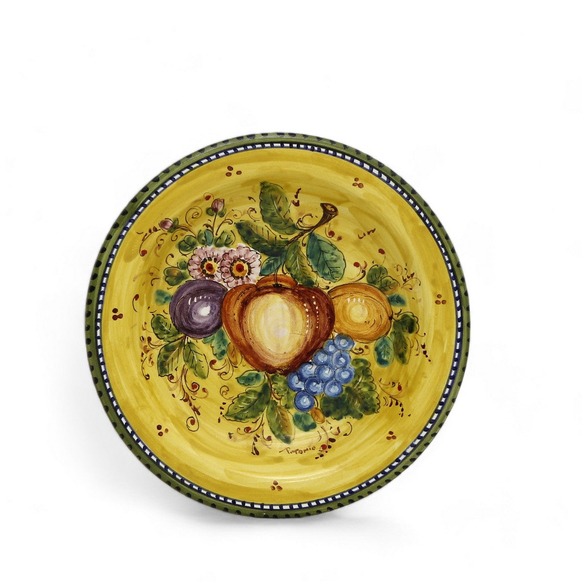 TUSCAN MAJOLICA: Plates featuring a traditional Tuscan design with a Yellow background - SET OF 3 PCS on a three-tier plate rack stand.