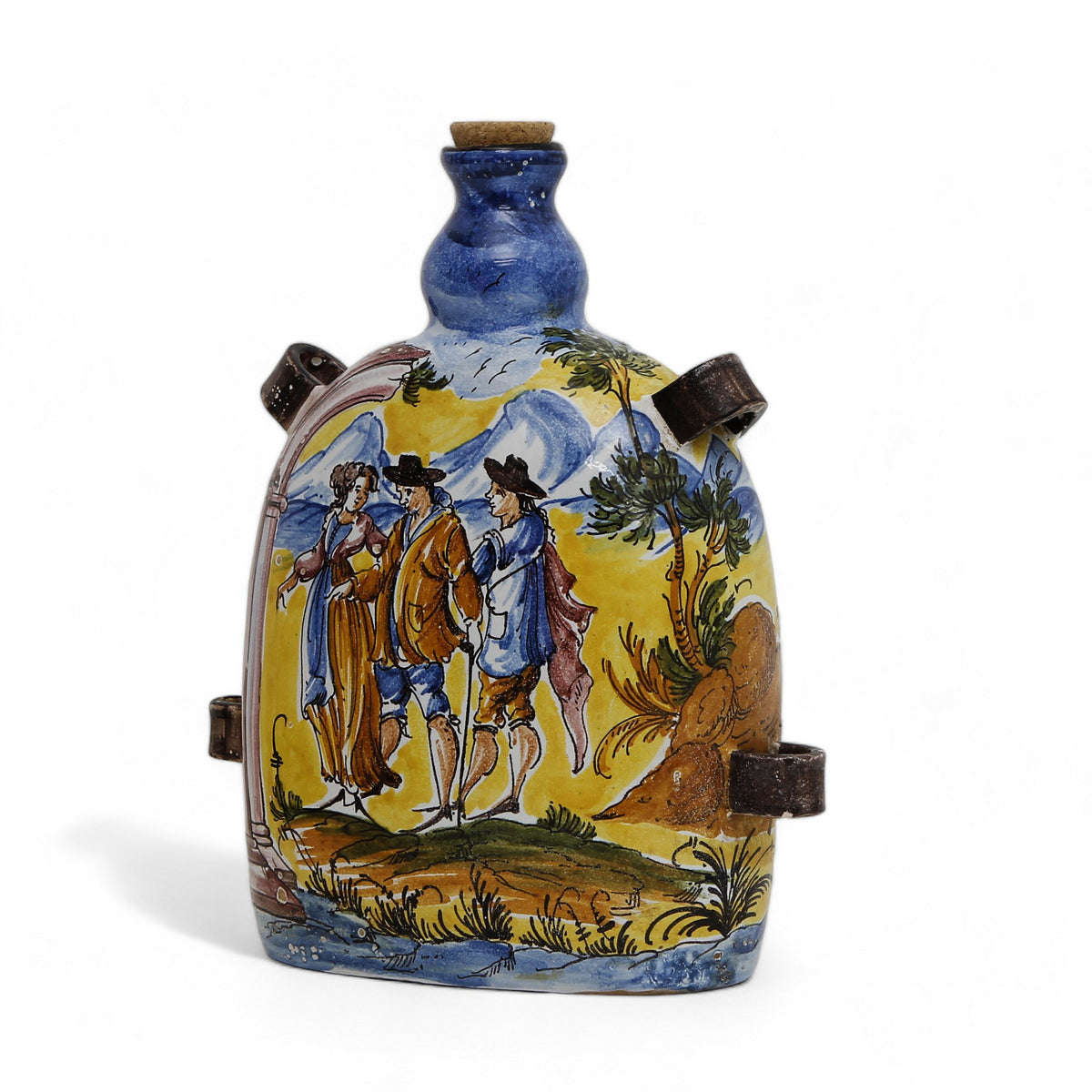 TUSCAN MAJOLICA: Old World Tuscan Flask depicting Renaissance farmers vignette with four handles and cork.