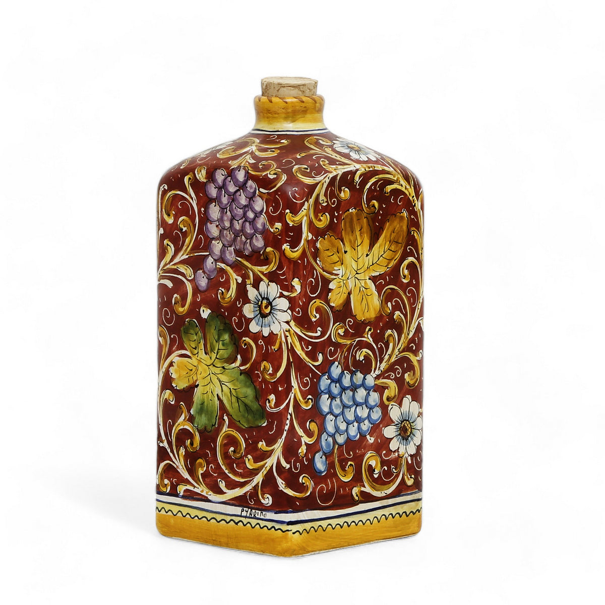 TUSCAN MAJOLICA: Old World Tuscan square bottle with cork with Leaves and grape designs on a Burgundy red background