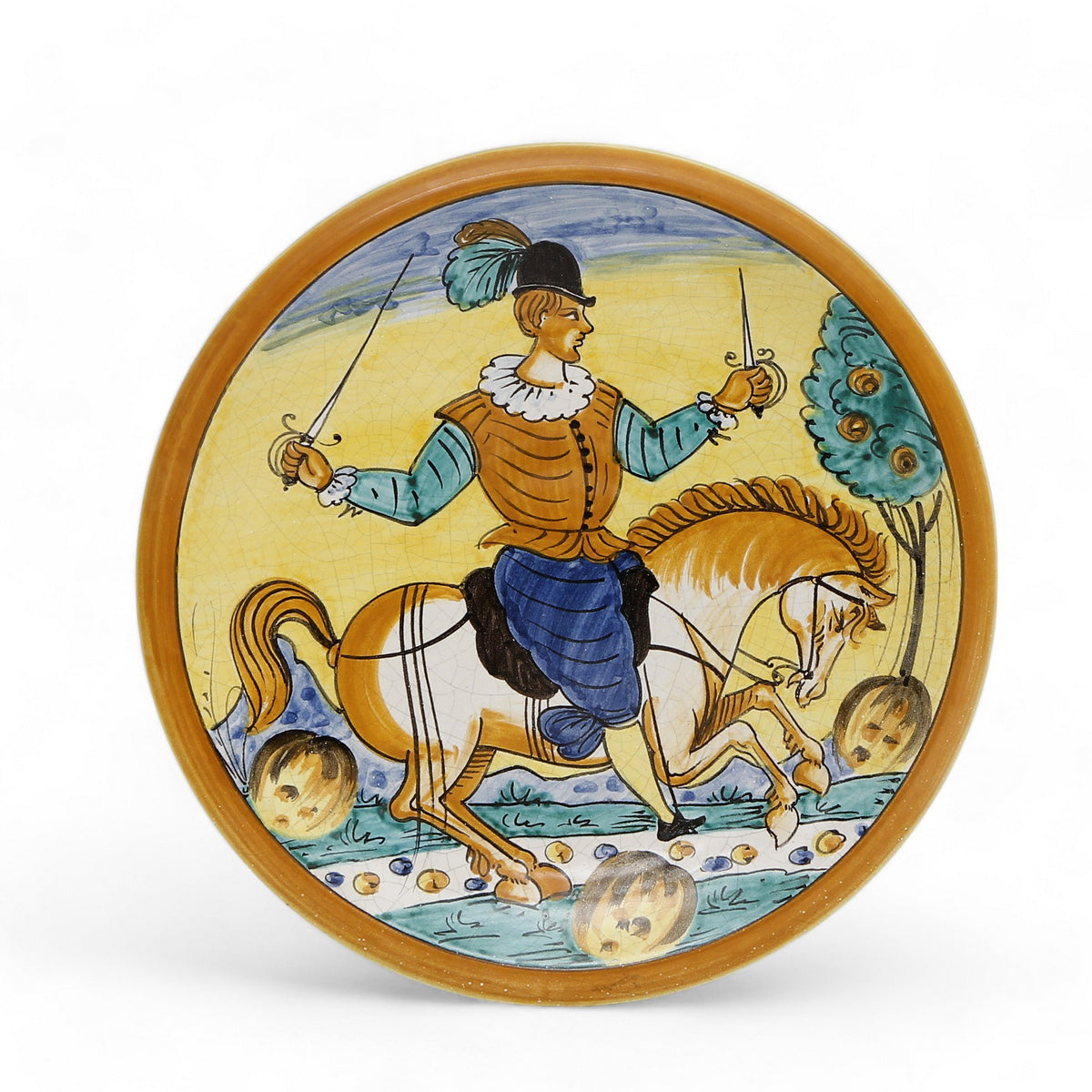 TUSCAN MAJOLICA: Medium wall plate featuring equestrian medieval man