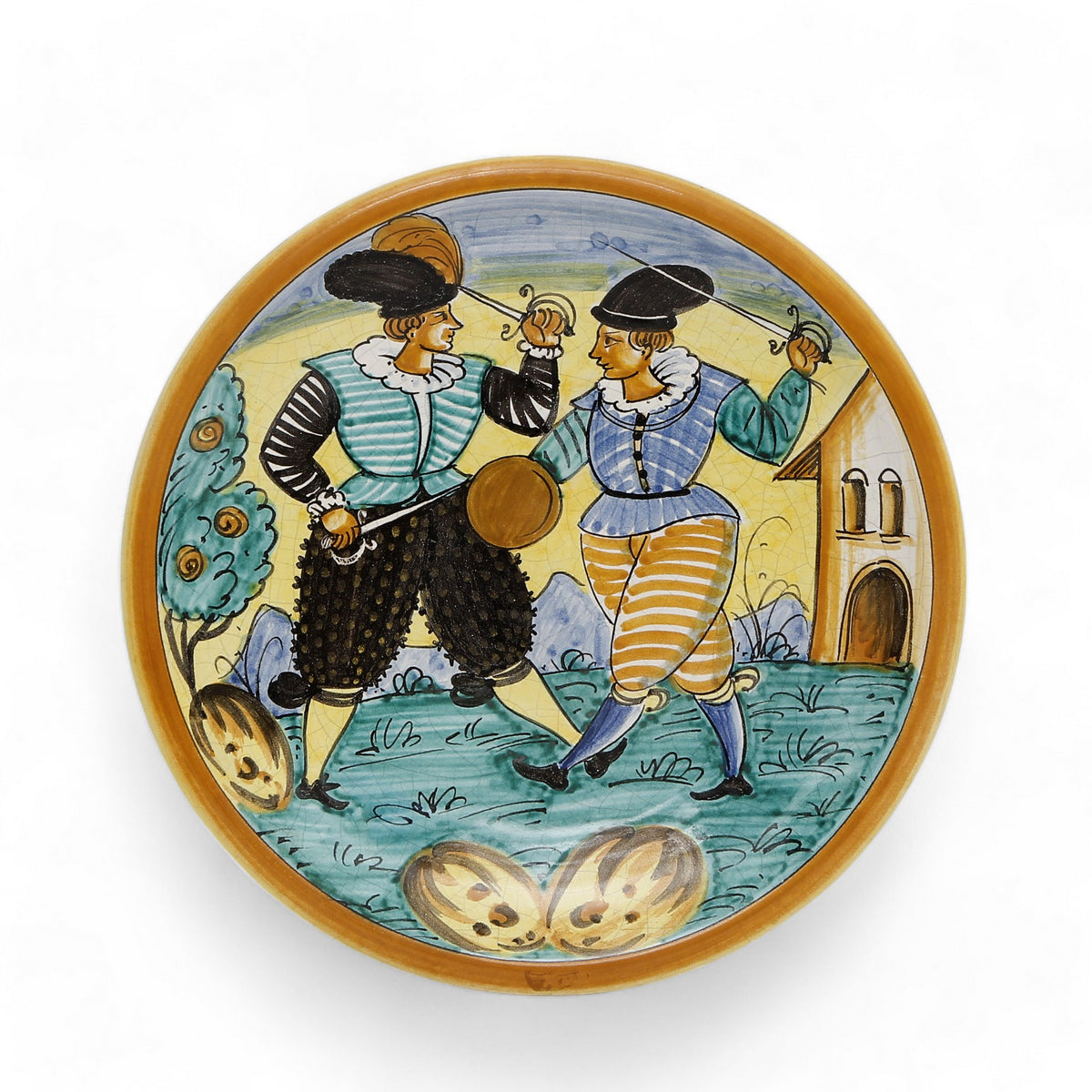 TUSCAN MAJOLICA: Medium wall plate featuring medieval duellling men