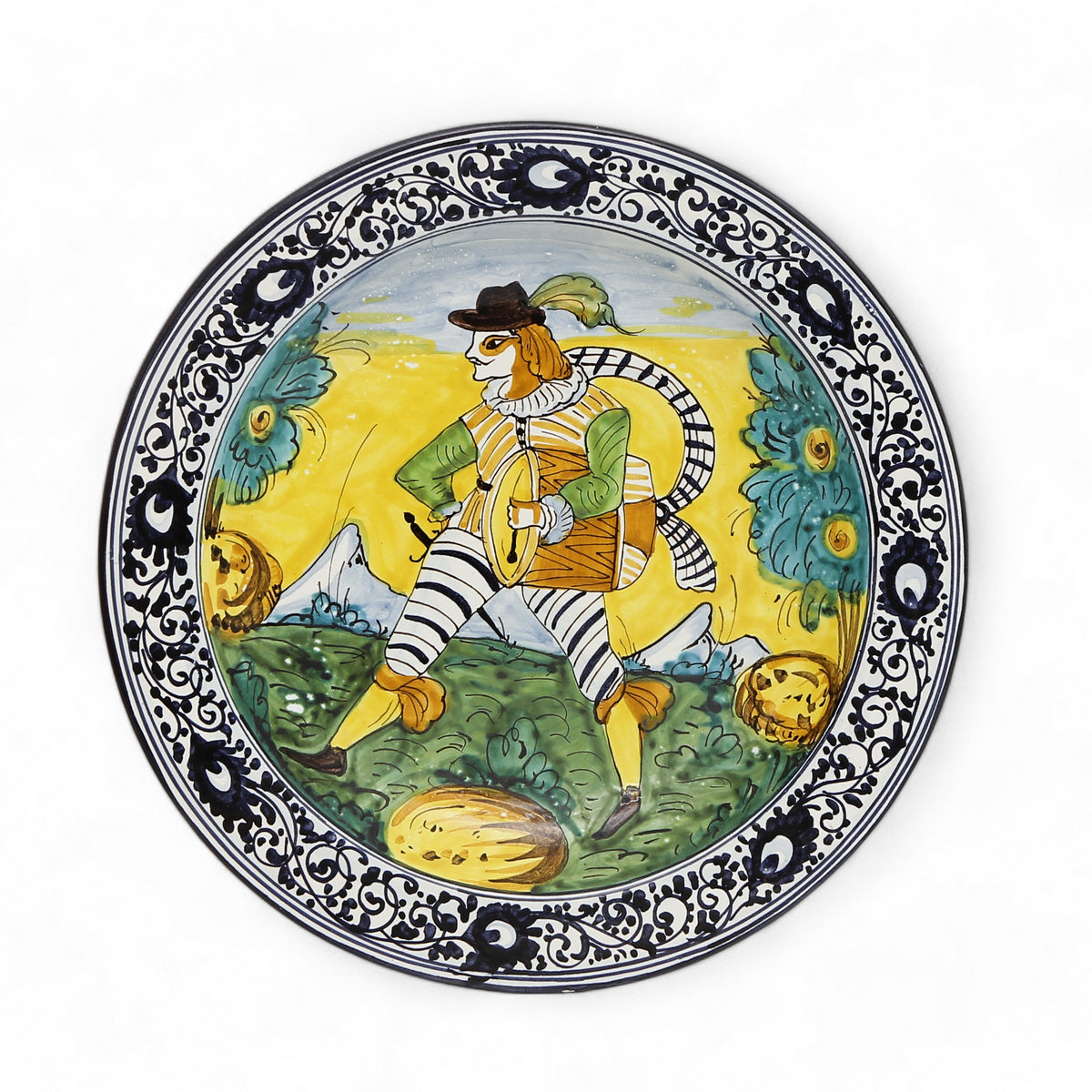 TUSCAN MAJOLICA: Medium wall plate featuring medieval farmer