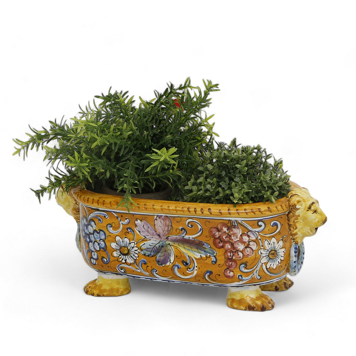 TUSCAN MAJOLICA: Small Tuscan Oval Jardiniere hand decorated with a floral design over a Royal Burgundy. Lion Heads Handles