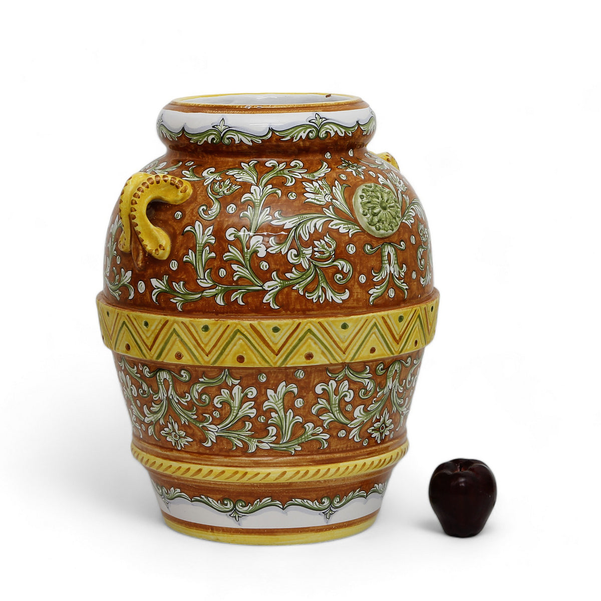 TUSCAN MAJOLICA: Orcio Urn Masterpiece featuring an intricate foliage over a brown background