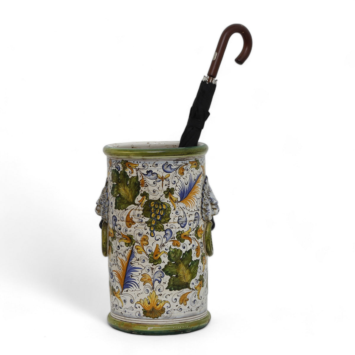 TUSCAN MAJOLICA: Large Umbrella Stand Vase hand painted with the renowned Caffagiolo Design