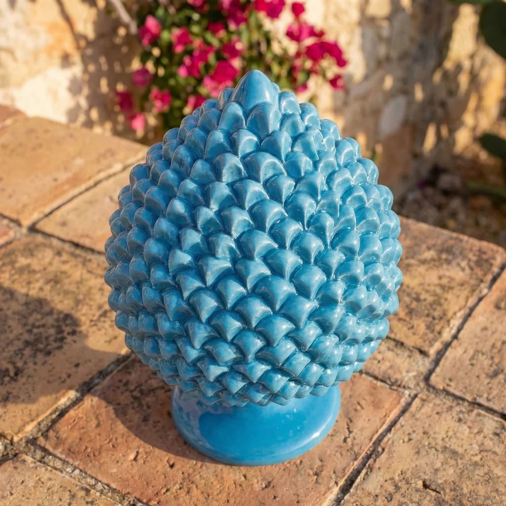 SICILIAN PINECONE: Ceramic 'Pigna Siciliana' Handcrafted with pedestal - TEAL