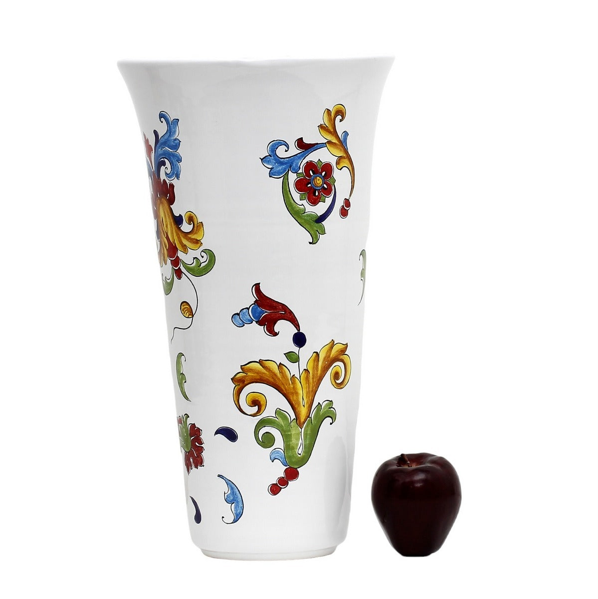 DERUTA ORNATO: Tall flared vase decorated in a colorful Ricco Deruta scrollwork