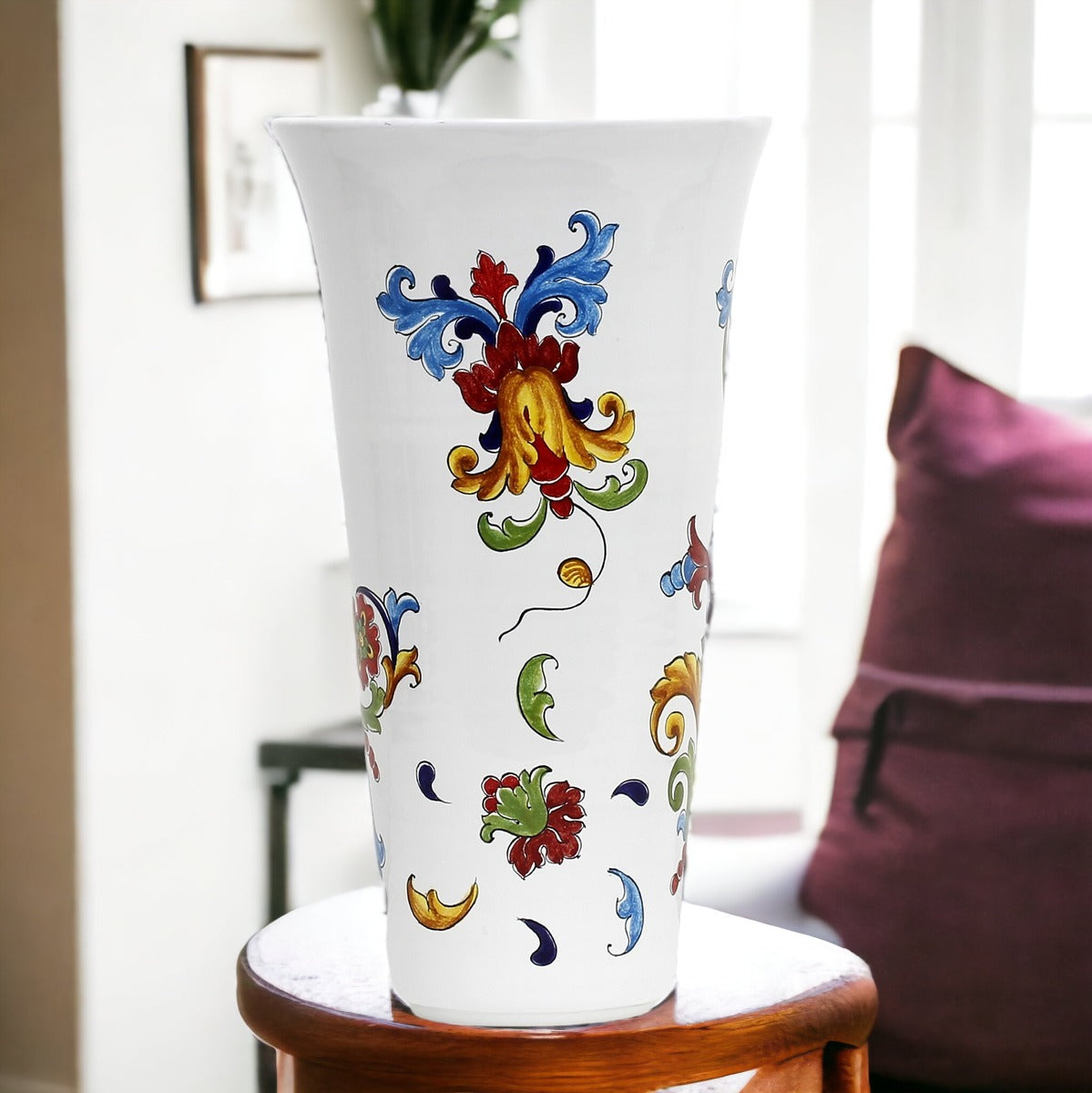 DERUTA ORNATO: Tall flared vase decorated in a colorful Ricco Deruta s 