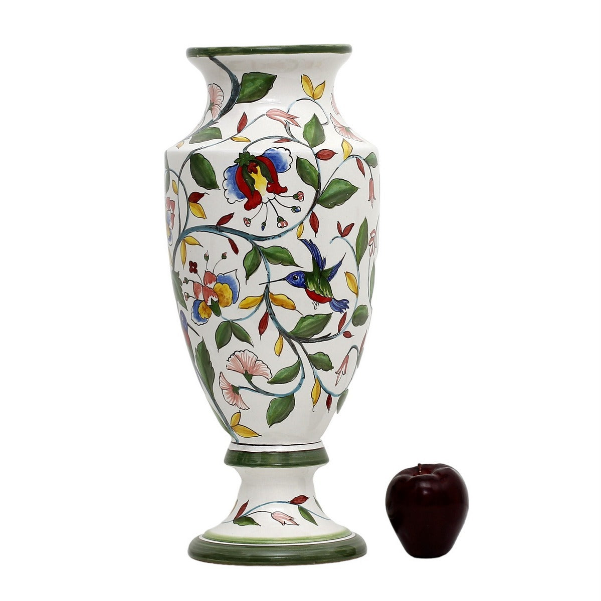 DERUTA FLORIANA: Tall footed Art Deco vase hand painted decorated in a floral design with hummingbird.