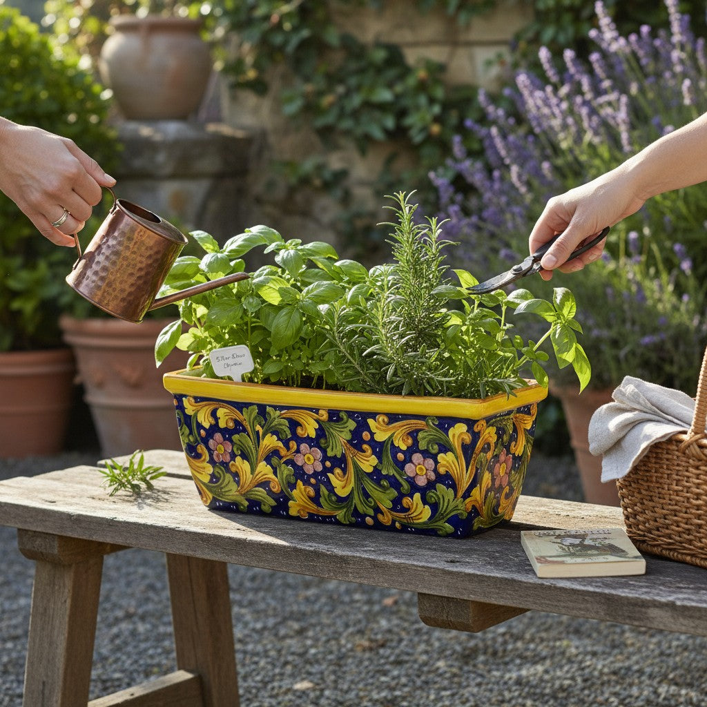 TOSCANA PLANTER: Rectangular Tuscan Jardiniere - Strong Terracotta indoor/outdoor - SICILIANA BLUE Design