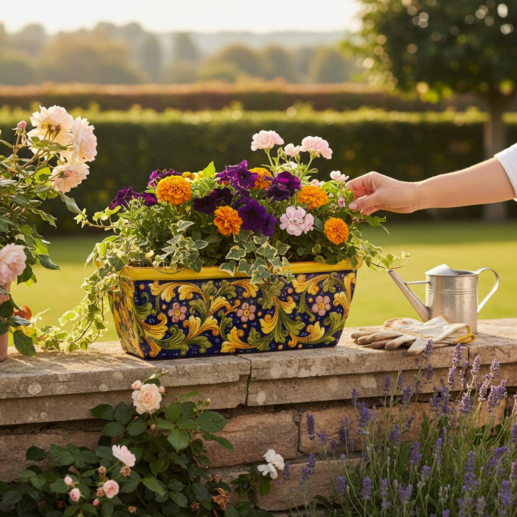 TOSCANA PLANTER: Rectangular Tuscan Jardiniere - Strong Terracotta indoor/outdoor - SICILIANA BLUE Design