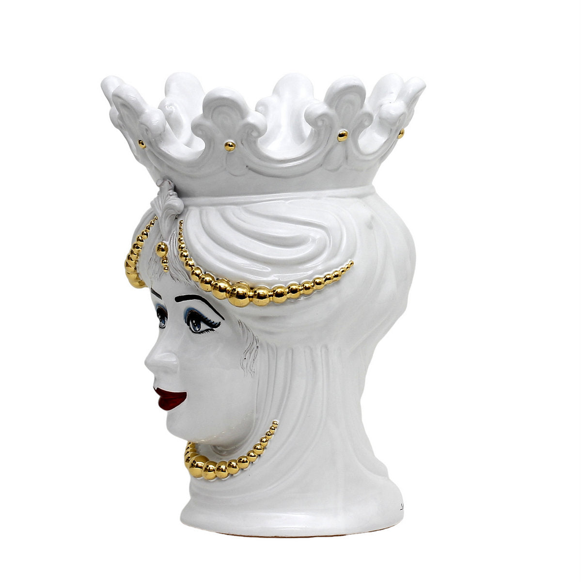 CALTAGIRONE: Moorish Sicilian Head Vase - Woman pure white glaze with 24 Carats Painted Gold decoration (Large)