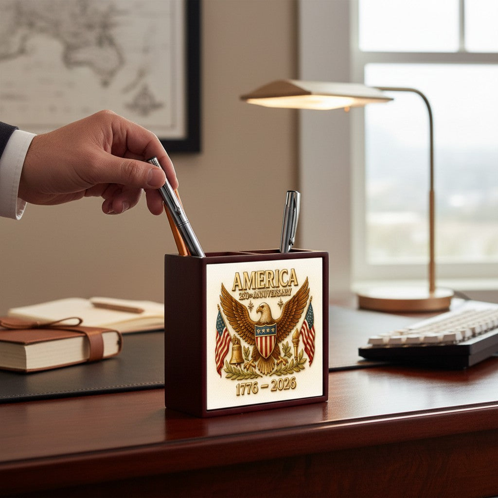 SUBLIMART: USA-250 Wood Pencil Holder in Rosewood with decorative tile