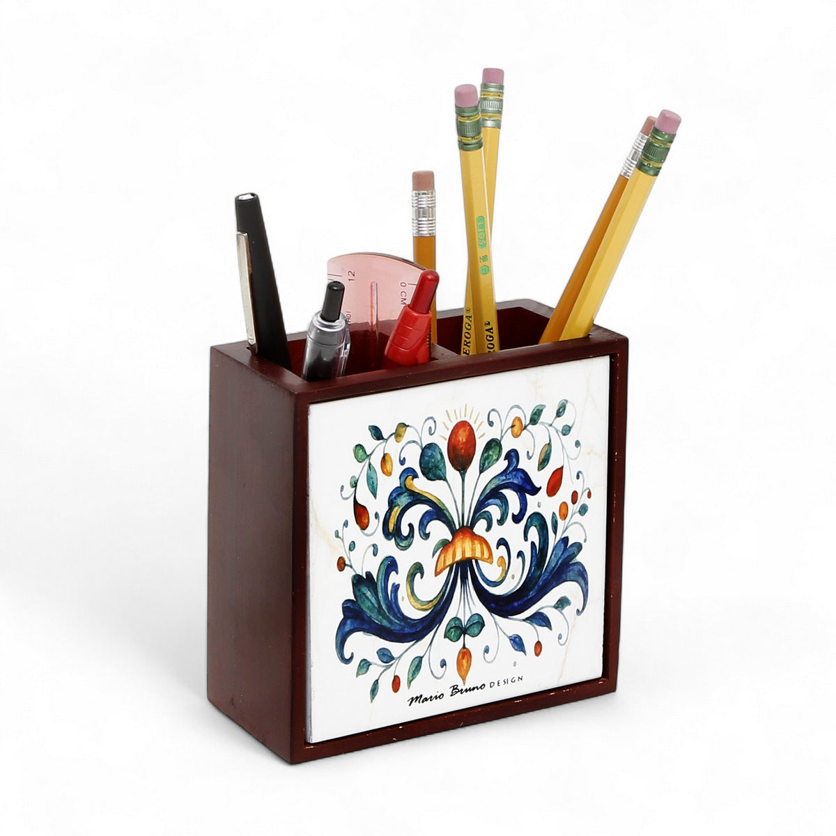 RICCO ITALIA DERUTA: Wood Pencil Holder in Rosewood with decorative tile - Mario Bruno Design