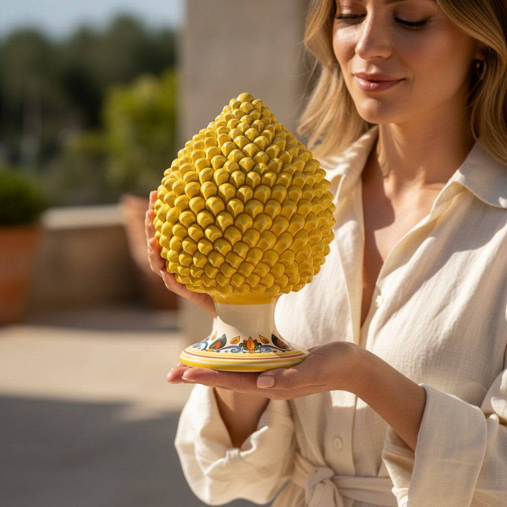 SICILIAN PINECONE: Ceramic 'Pigna Siciliana' Handcrafted with decorated pedestal - YELLOW-SENAPE