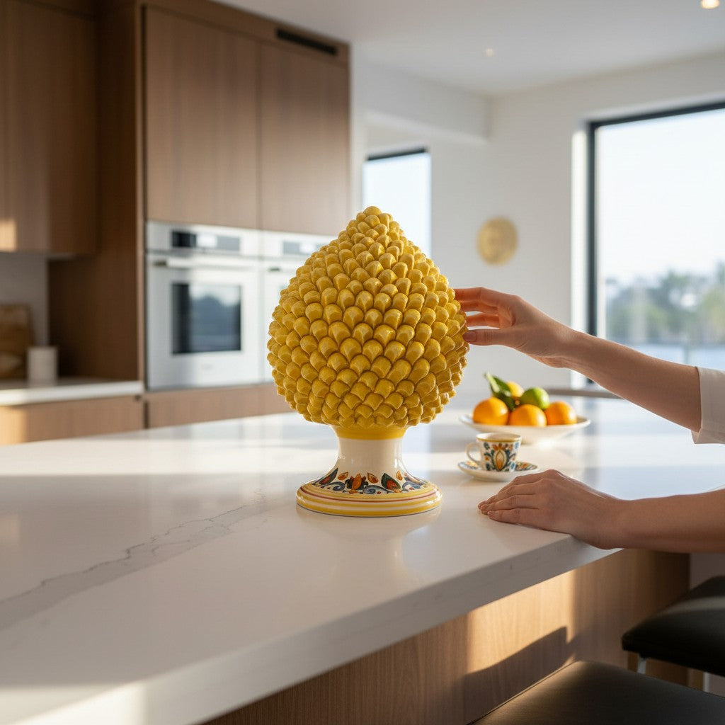 SICILIAN PINECONE: Ceramic 'Pigna Siciliana' Handcrafted with decorated pedestal - YELLOW-SENAPE