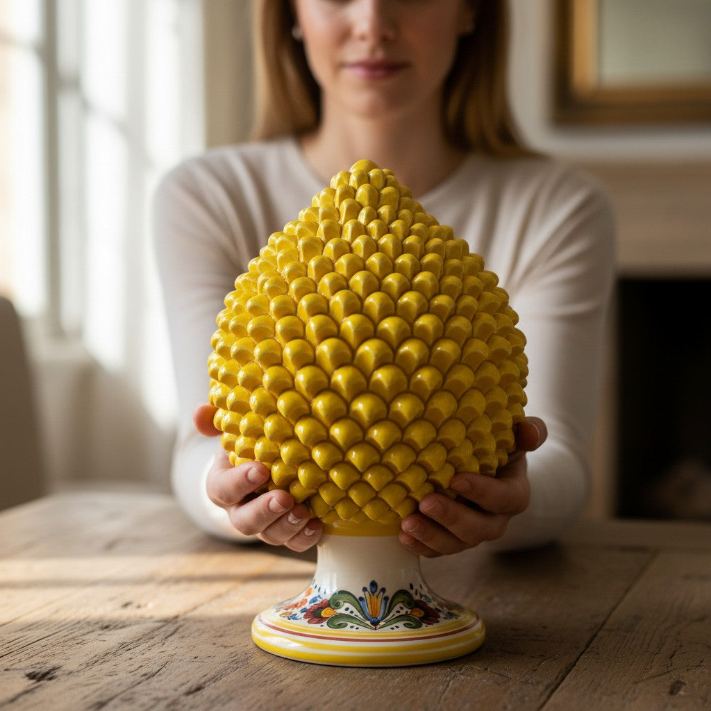 SICILIAN PINECONE: Ceramic 'Pigna Siciliana' Handcrafted with decorated pedestal - YELLOW-SENAPE