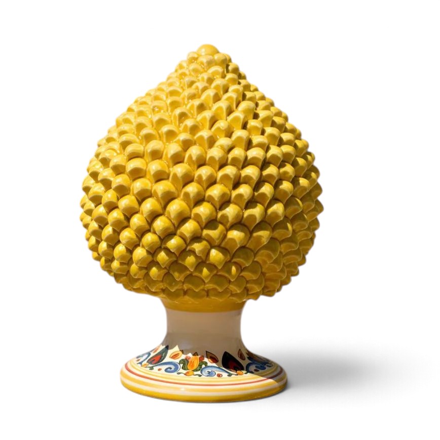 SICILIAN PINECONE: Ceramic 'Pigna Siciliana' Handcrafted with decorated pedestal - YELLOW-SENAPE