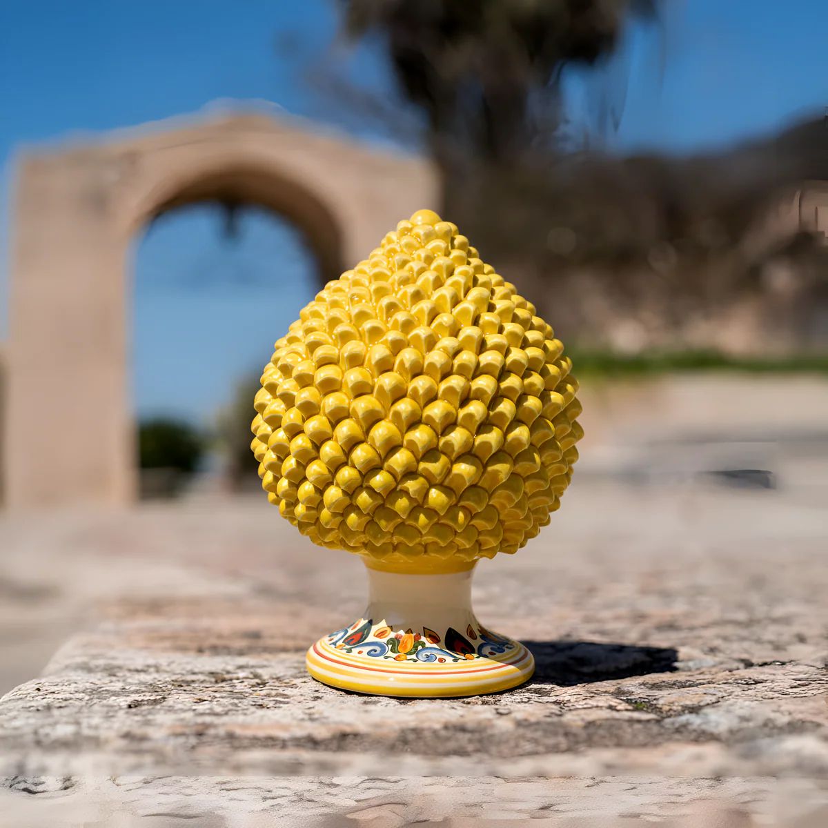 SICILIAN PINECONE: Ceramic 'Pigna Siciliana' Handcrafted with decorated pedestal - YELLOW-SENAPE