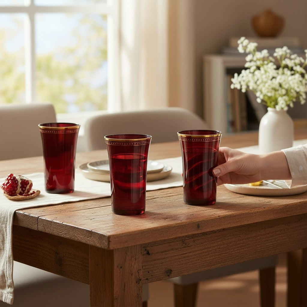 ROYAL GLASS COLLECTION: Exquisite Italian Crystal Glass Renaissance Red with a 24 Carats Gold Rim