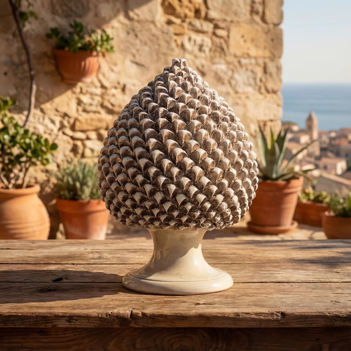 SICILIAN PINECONE: Ceramic 'Pigna Siciliana' Handcrafted with pedestal - ANTIQUE