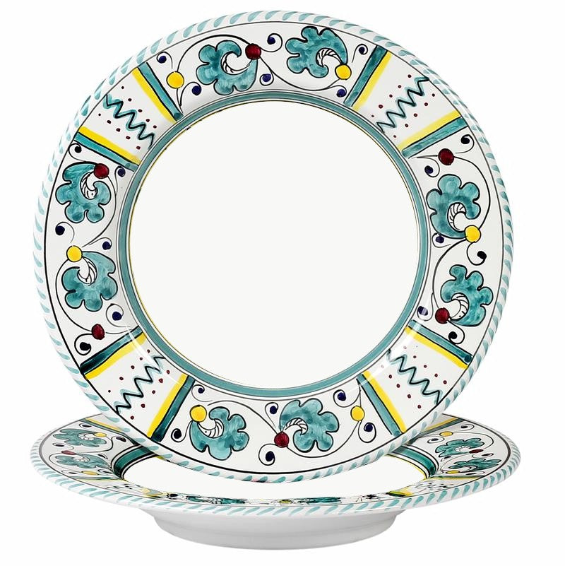 ORVIETO GREEN ROOSTER: Pasta/Soup Rim Plate (White Center) - Artistica.com