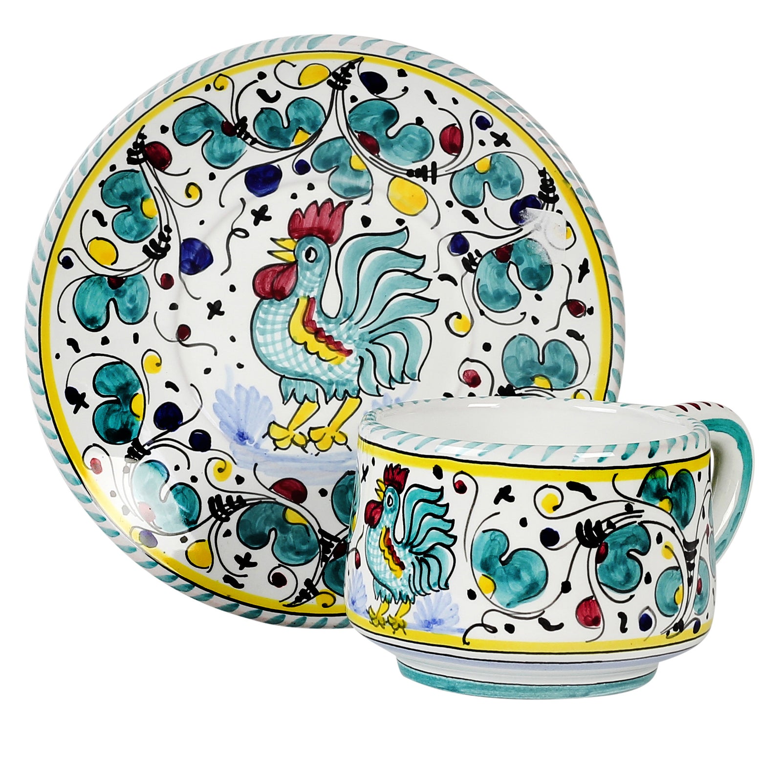 ORVIETO GREEN ROOSTER: Tea/Coffee Cup and Saucer - Artistica.com