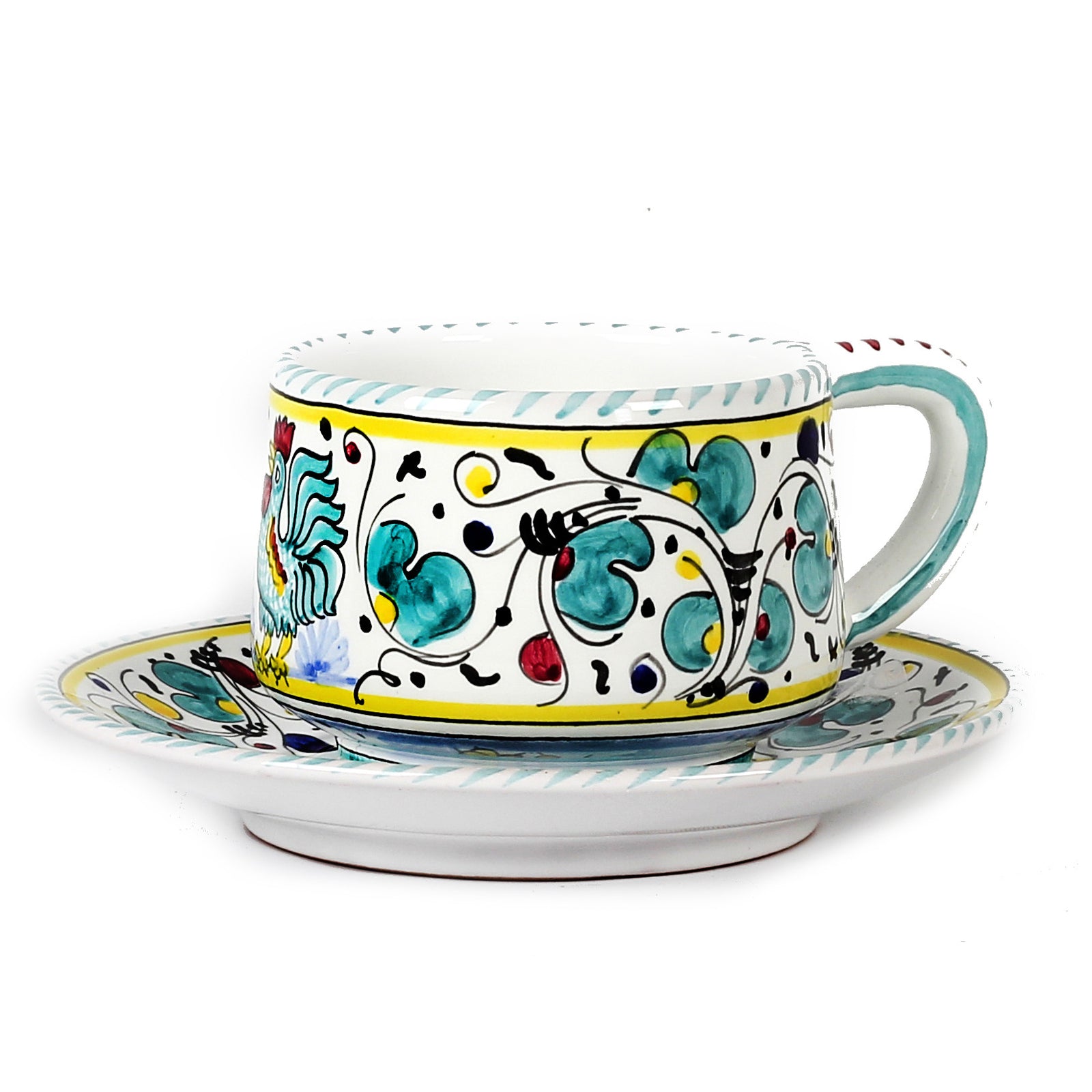 ORVIETO GREEN ROOSTER: Tea/Coffee Cup and Saucer - Artistica.com