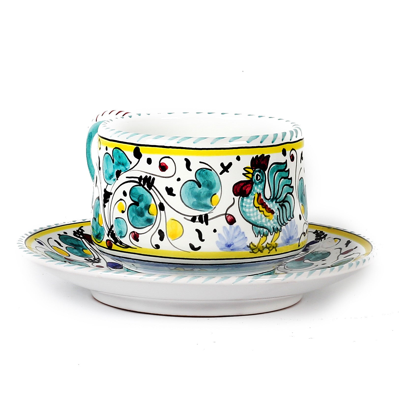 ORVIETO GREEN ROOSTER: Tea/Coffee Cup and Saucer - Artistica.com