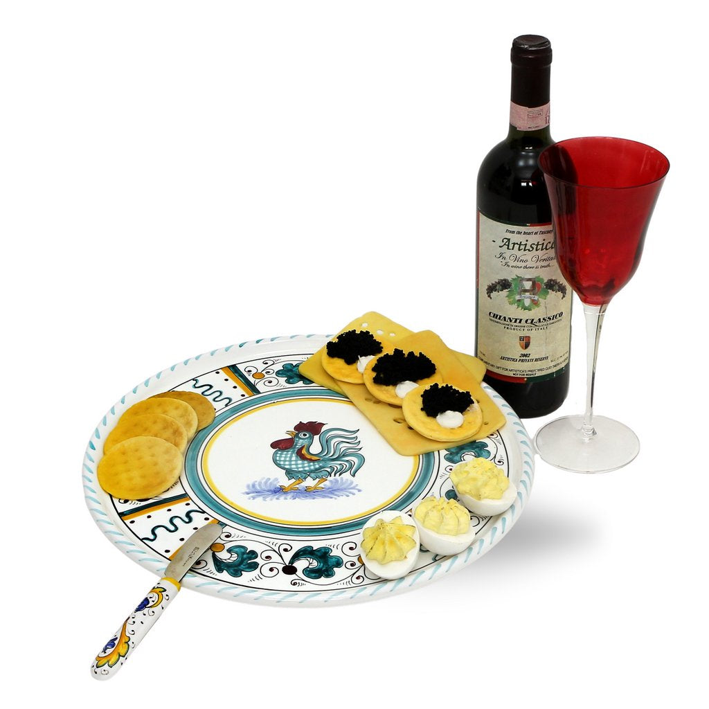 ORVIETO GREEN ROOSTER: Deruta Pizza Plate - Cake or Cheese Platter. - Artistica.com