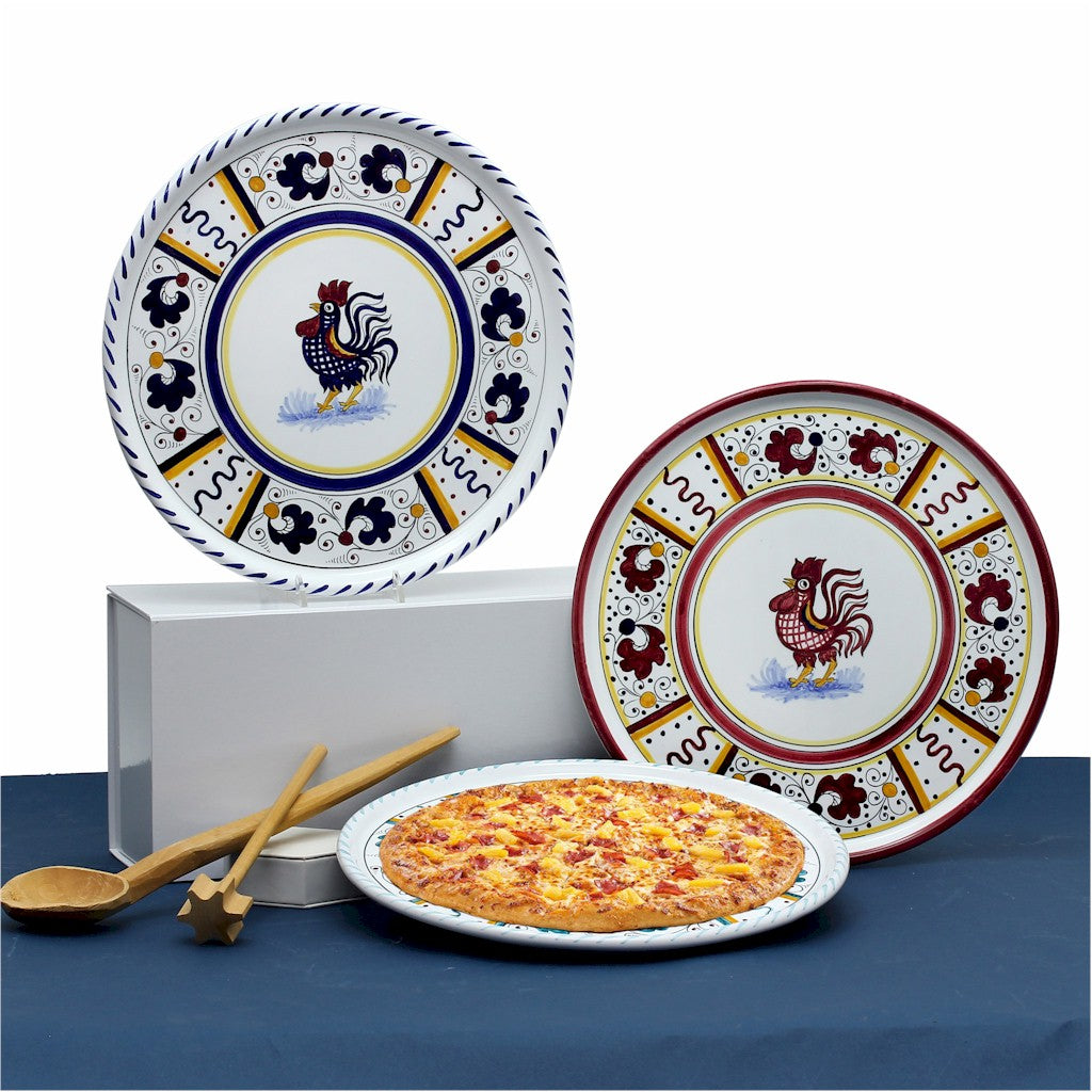 ORVIETO RED ROOSTER: Deruta Pizza Plate - Cake or Cheese Platter. - Artistica.com