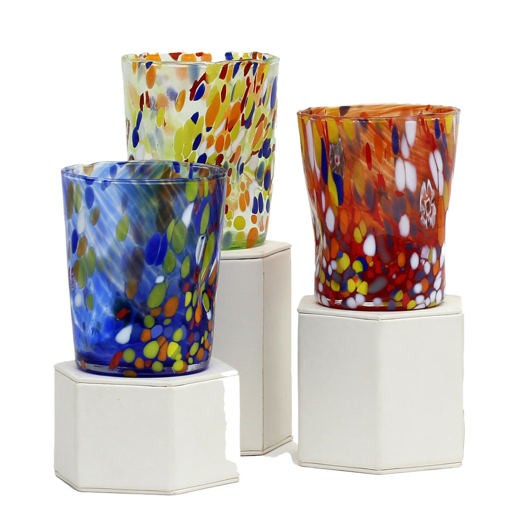 MURANO MURRINA STYLE:  Crumpled Water Tumbler Glass fully hand made (Red Mix) - Artistica.com