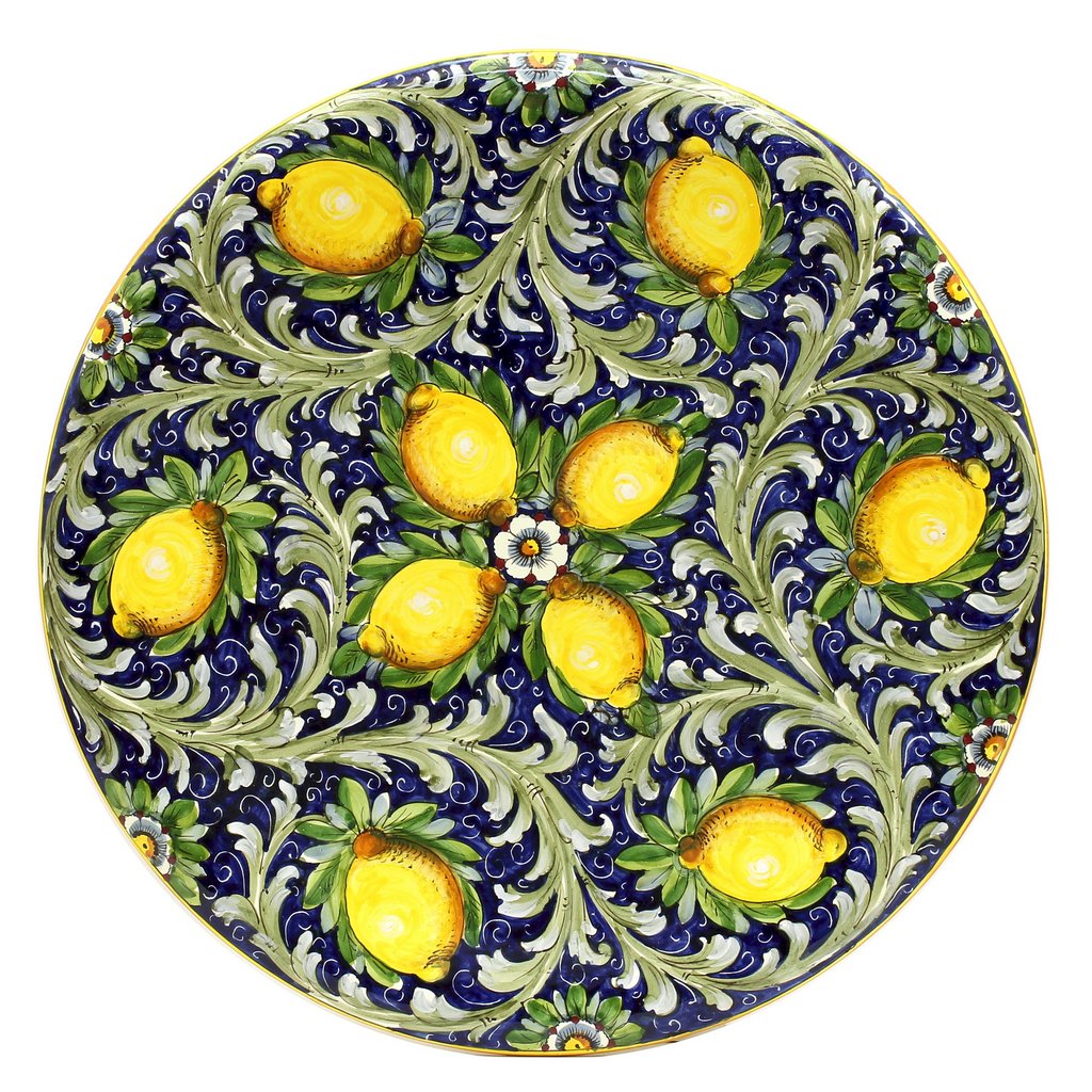 MAJOLICA TOSCANA: Wall Plate with Lemons on blue background (28D.) - Artistica.com