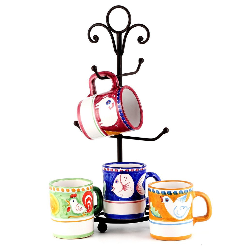 VIETRI: CAMPAGNA 4 Mugs Set as shown and wrought iron four arms mug stand tree (1010/POR.GNA.PES.UCC.55464-TRI) - Artistica.com